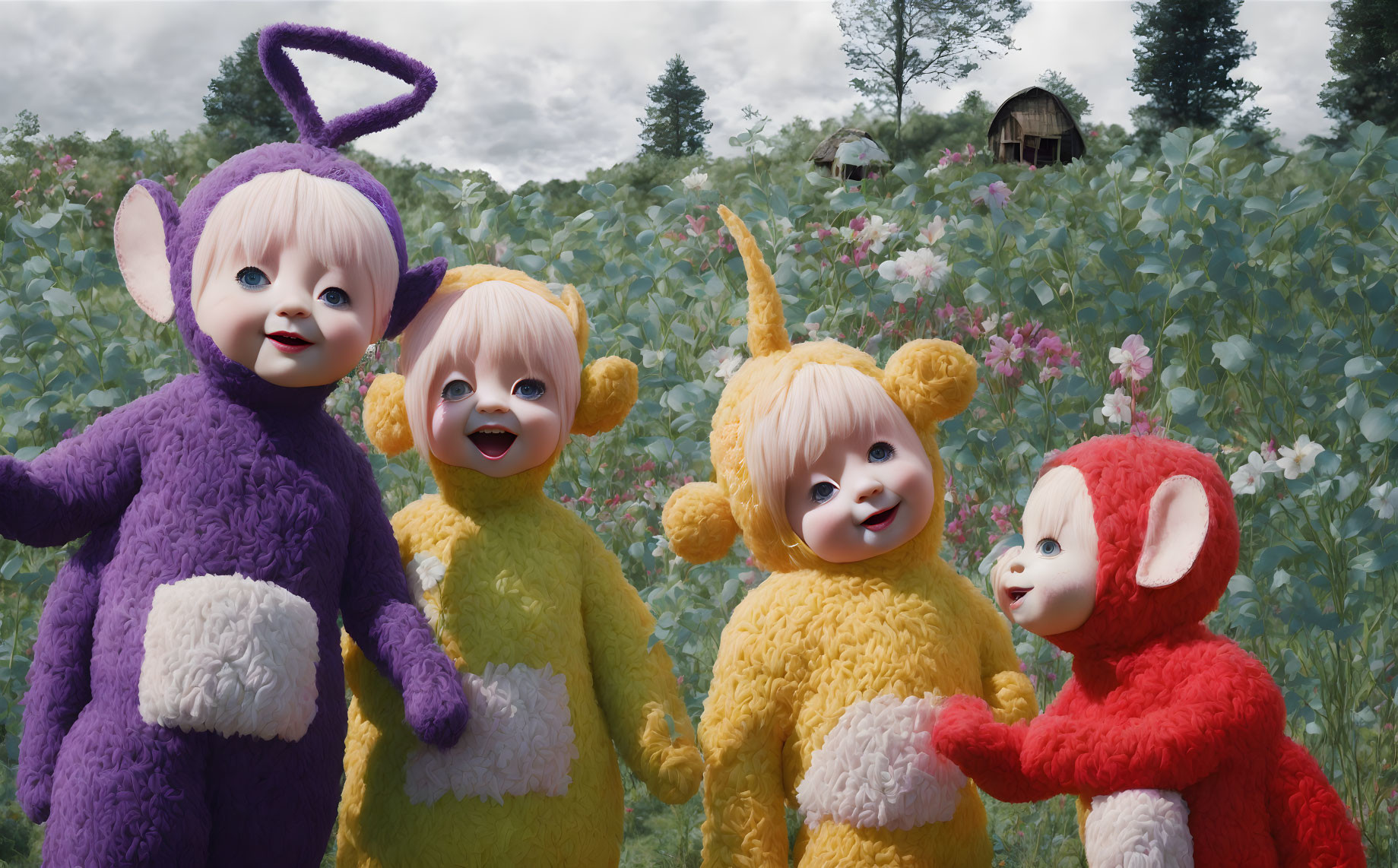 Colorful Costumed Characters in Flower Field with Hut