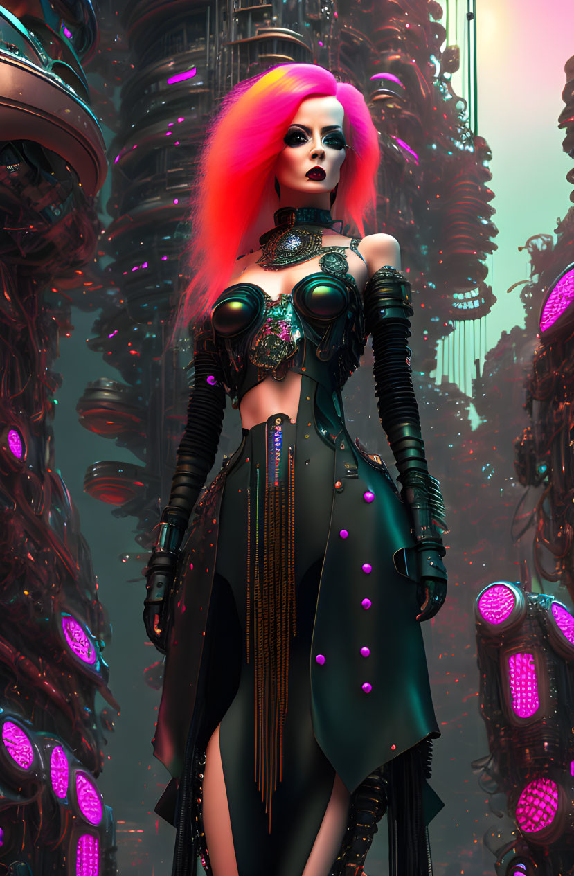 Vibrant pink and yellow-haired woman in futuristic sci-fi outfit among neon-lit towers