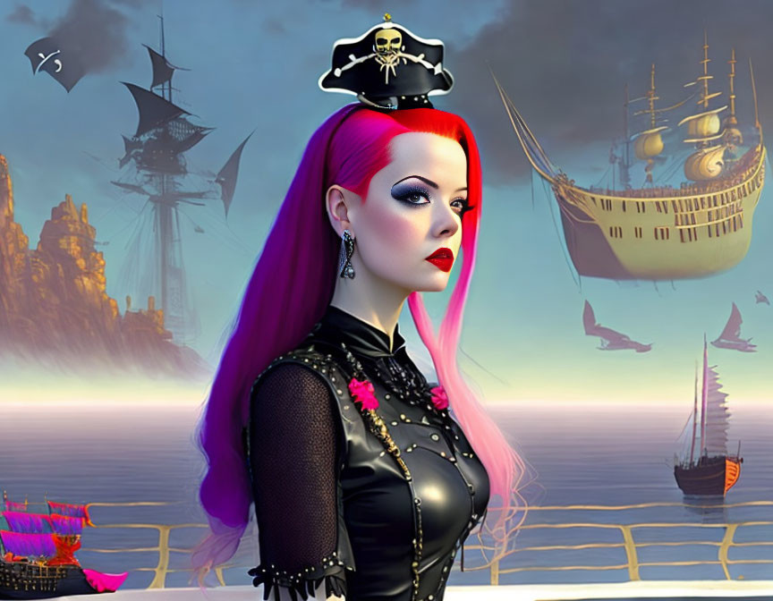 Colorful woman with pirate hat and ships in animated scene