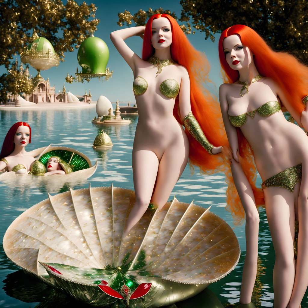 Red-haired female figures in seashell boats on reflective water with ornate structures.