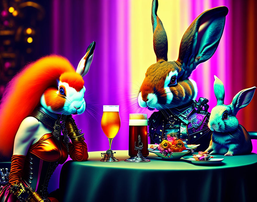 Colorful anthropomorphic rabbits in stylish attire having a conversation at a table with drinks