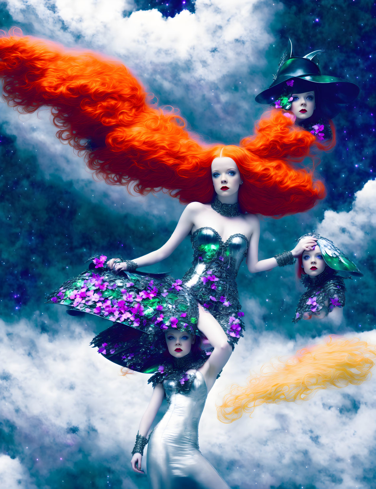 Vibrant red hair models in whimsical outfits against cosmic backdrop