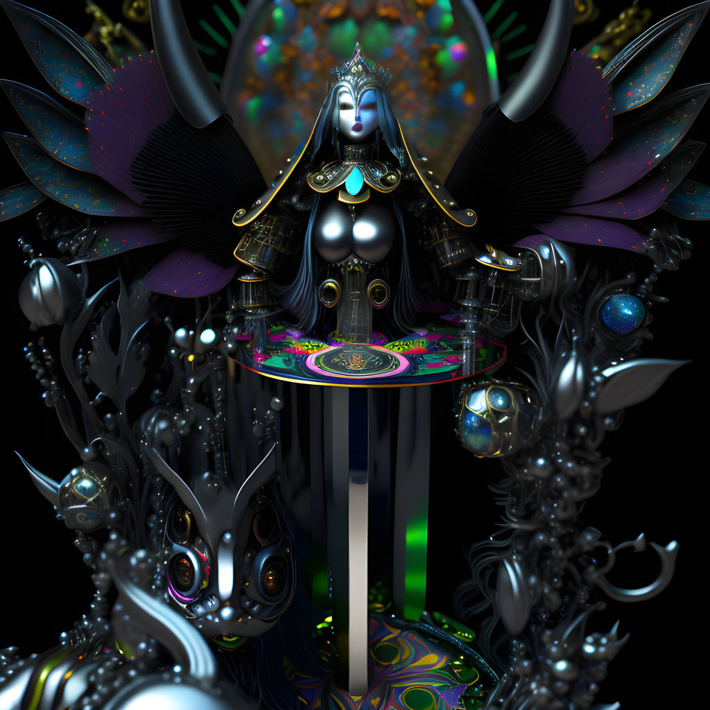 Vividly colored surreal digital artwork of majestic robotic deity