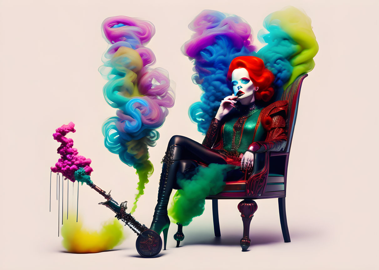 Vibrant red hair and elaborate makeup in antique chair with colorful smoke swirls