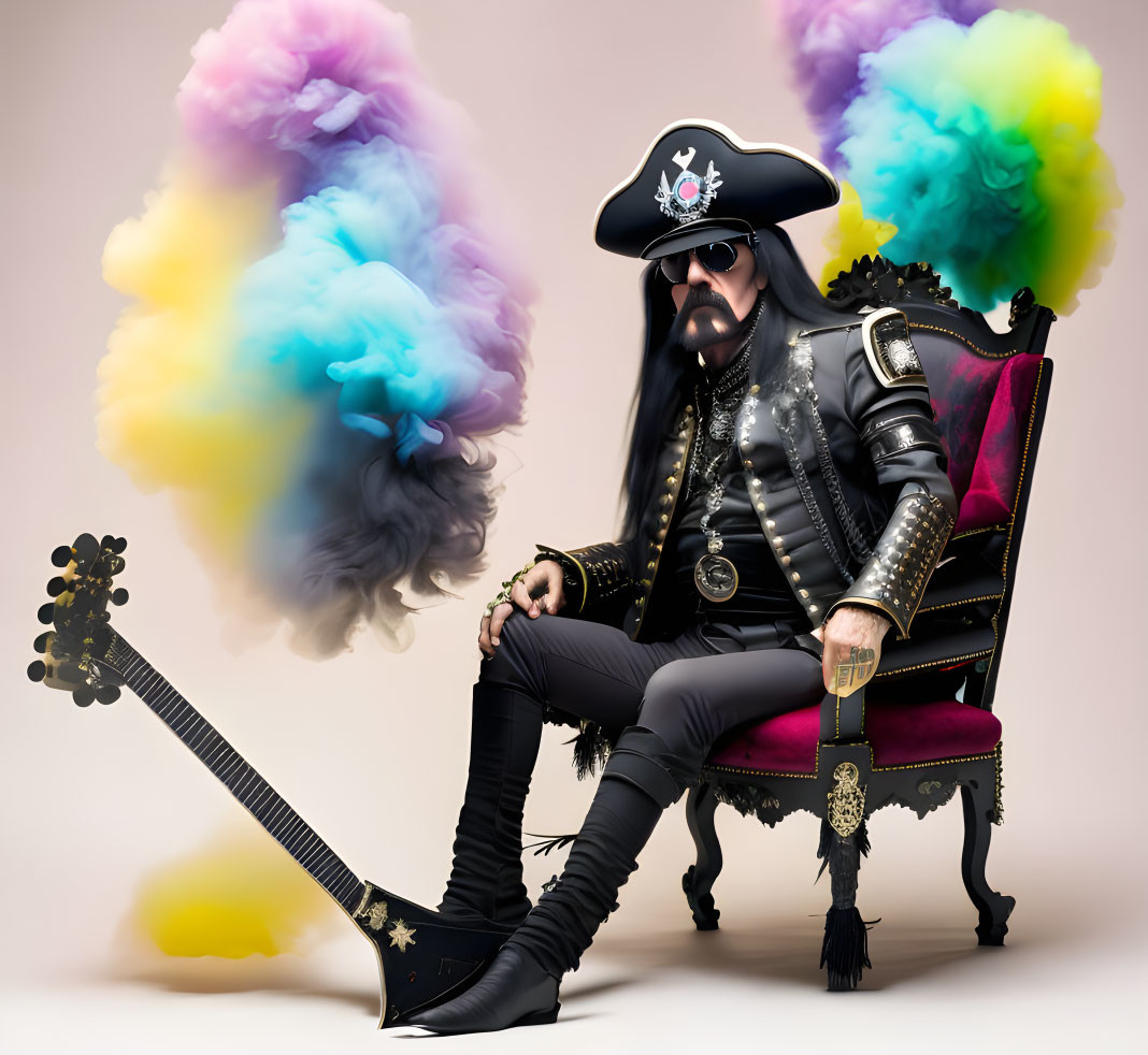 Pirate illustration with long beard, fancy chair, colorful smoke, and electric guitar