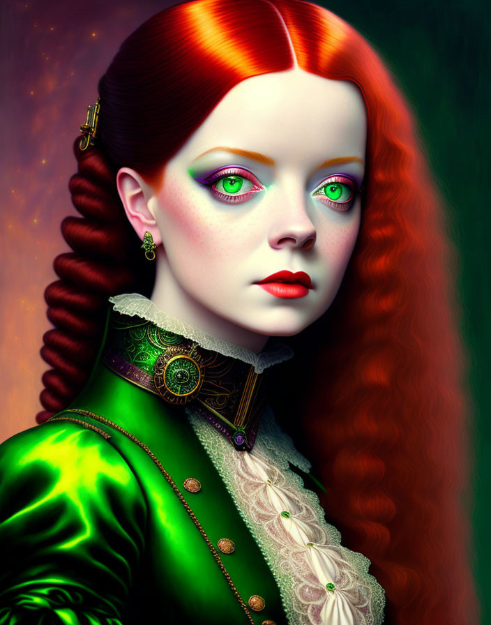 Vibrant portrait of woman with red hair in green Victorian dress