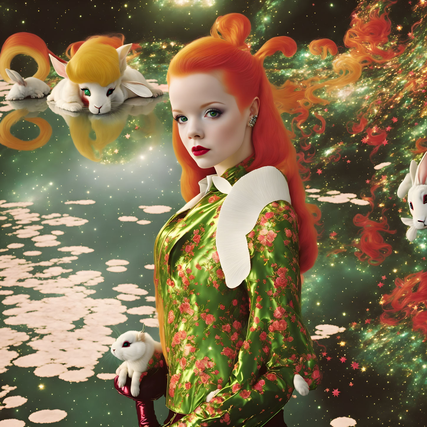 Surreal portrait of woman with red hair in floral dress surrounded by white rabbits in cosmic scene