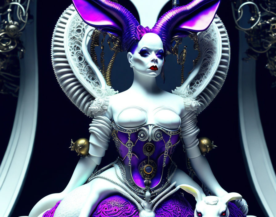 Stylized female figure with purple and white makeup and mechanical details holding a white rabbit against a dark