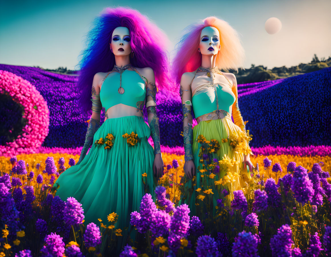 Extravagant purple makeup and colorful hair in vibrant floral setting