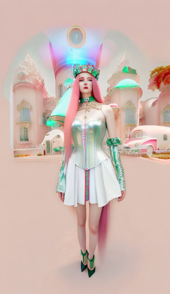 Futuristic woman in silver and green outfit with headdress, fantasy architecture, vintage car