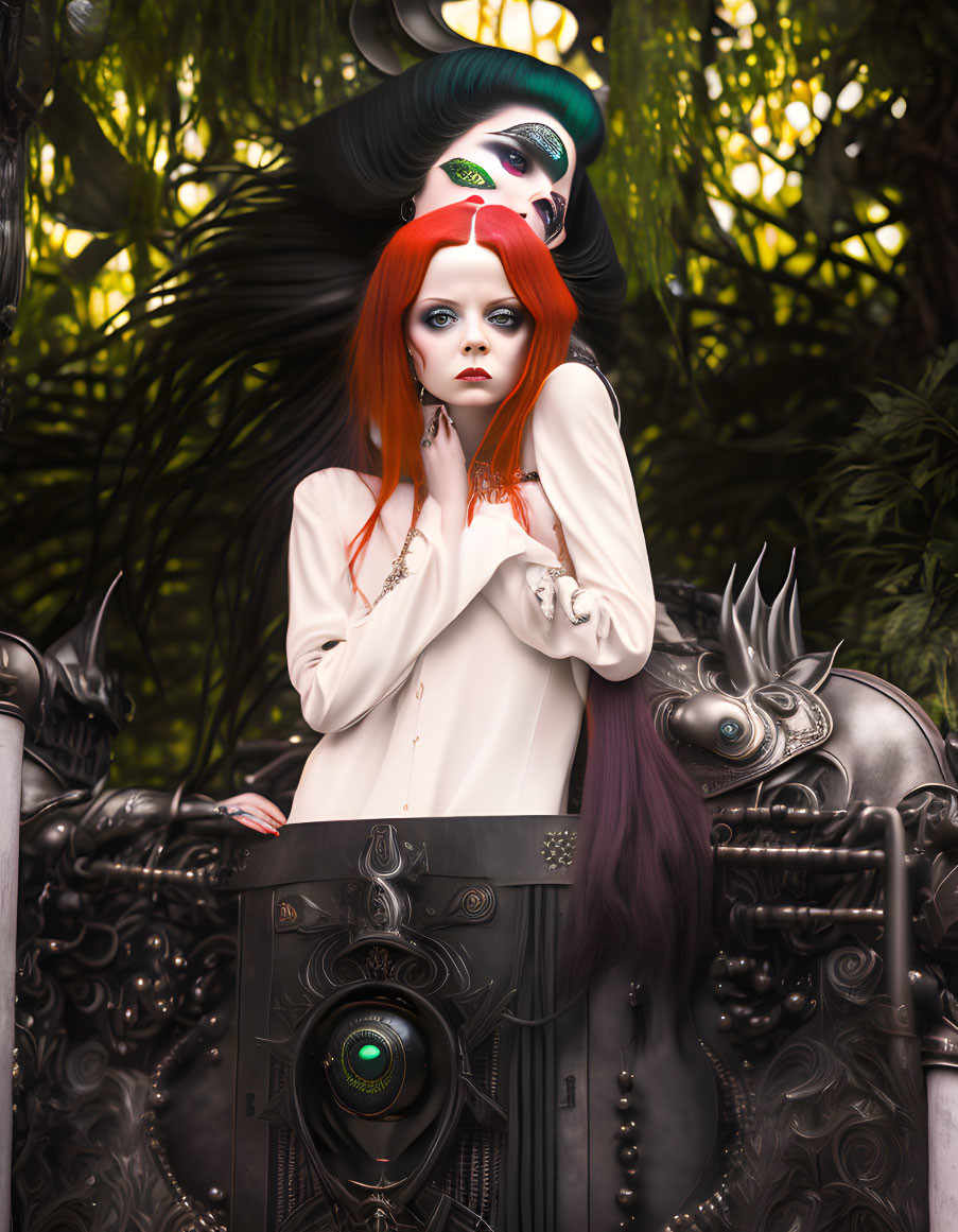 Stylized women with striking makeup in lush green fantasy setting pose with ornate mechanical creature