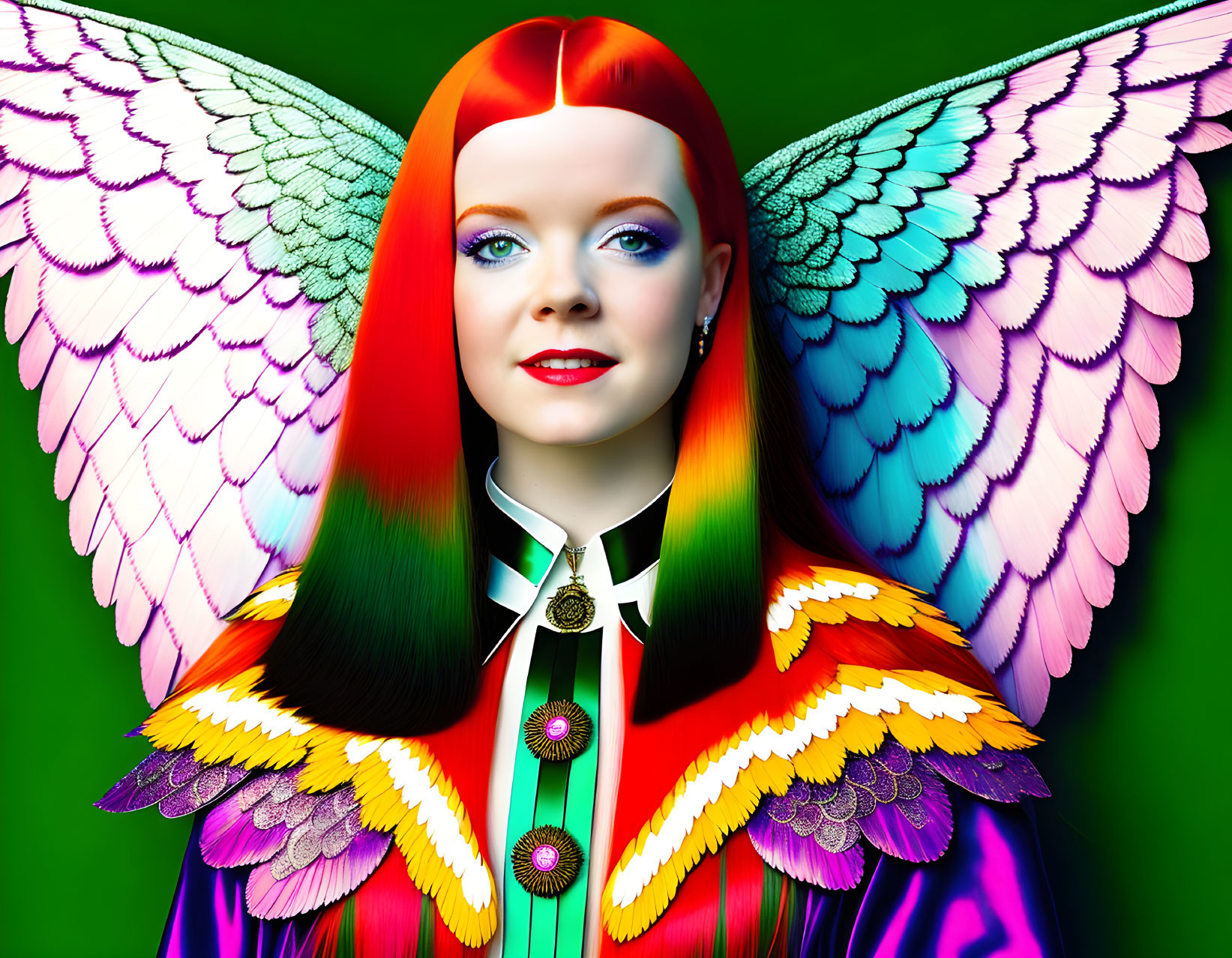 Colorful digital art portrait featuring person with multicolored wings, rainbow hair, and vibrant feathers on