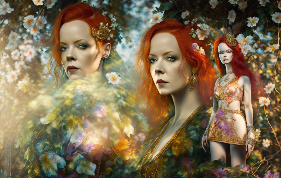 Vibrant red-haired woman in golden accessories amid lush floral scenery