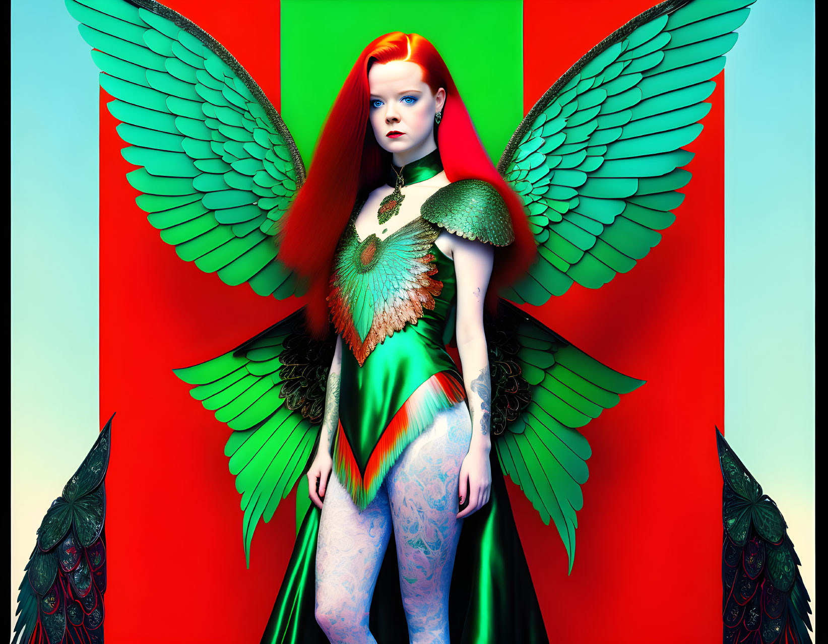 Colorful digital artwork: Person with multi-colored wings and armor on red and green backdrop