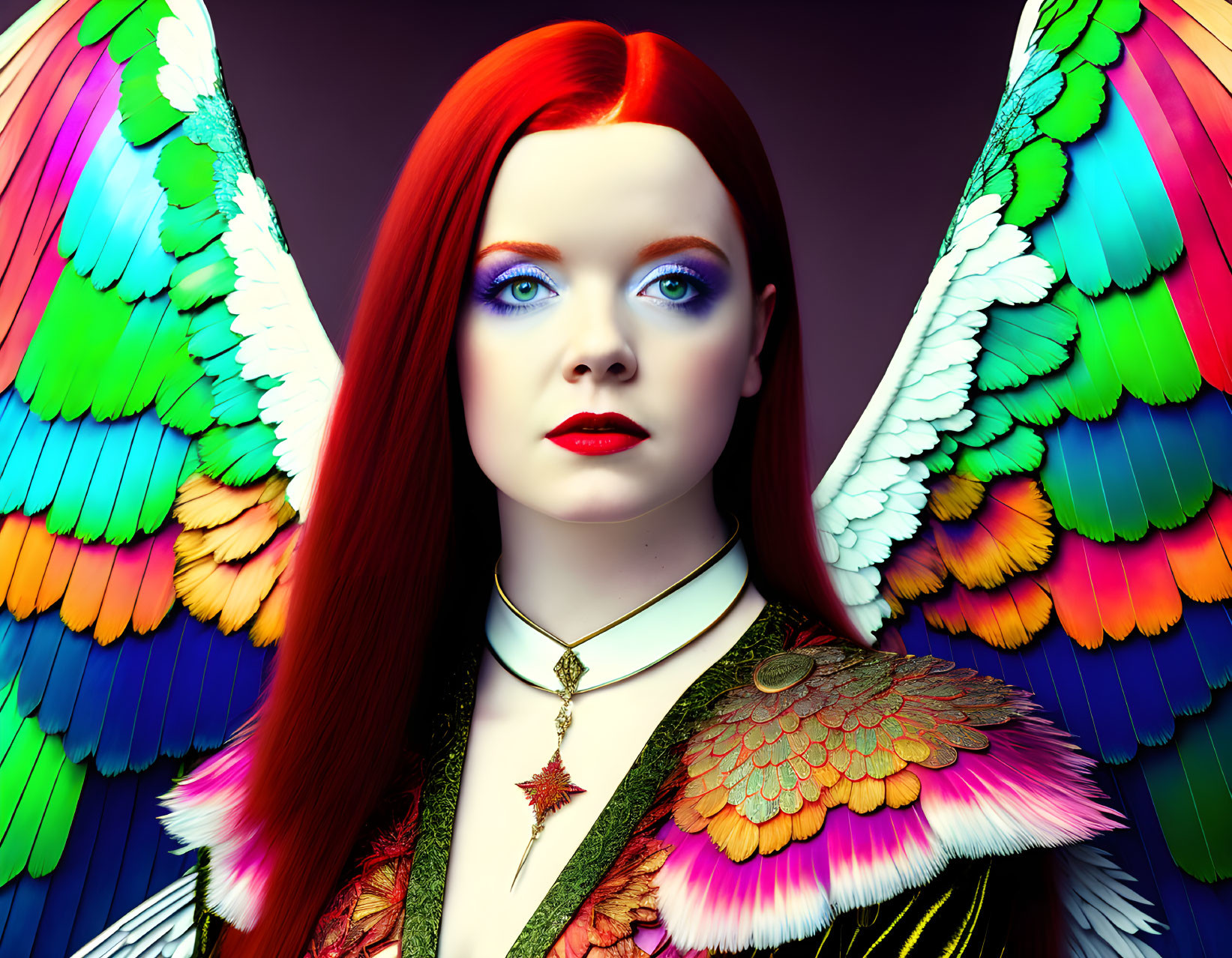 Vibrant red-haired person with blue eyes and colorful wings in stylized outfit