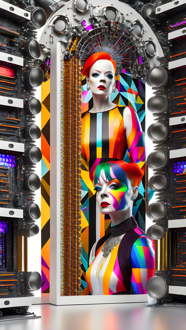 Futuristic female figures with colorful makeup against tech background