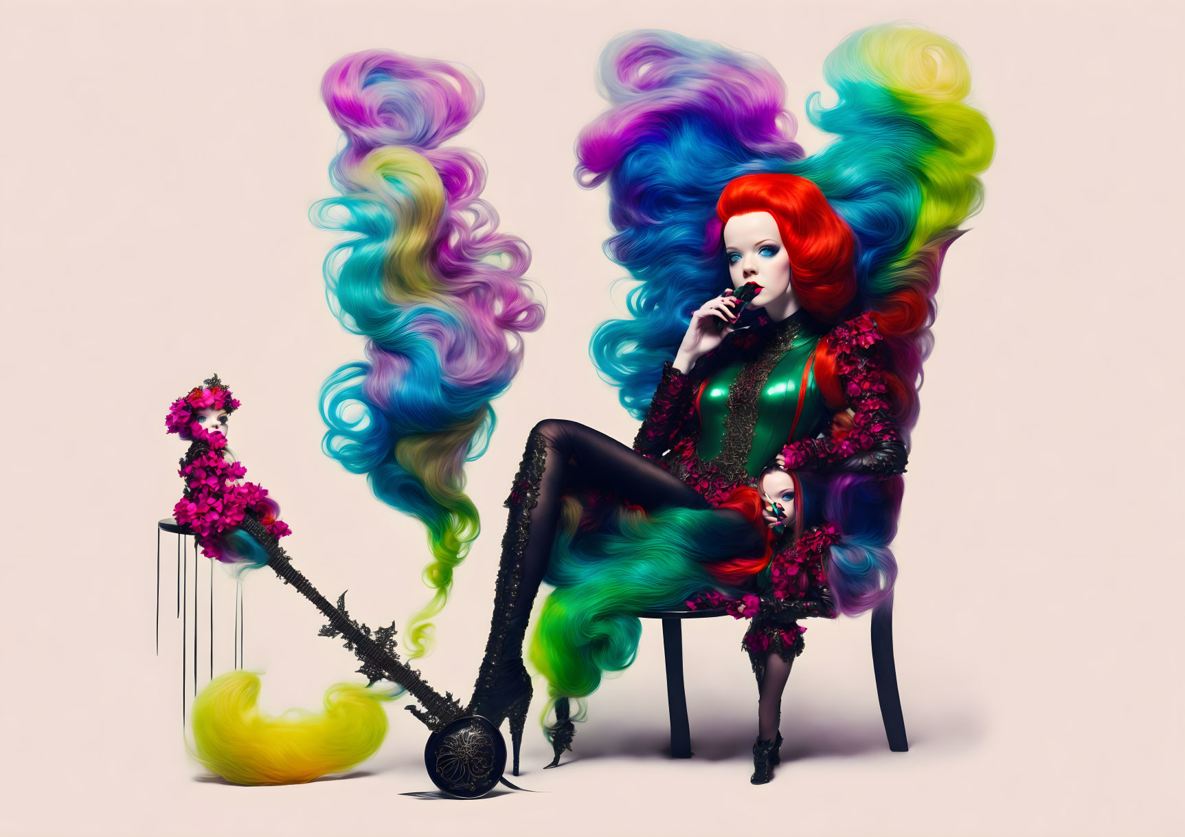 Colorful Person with Elaborate Fashion Sitting on Chair