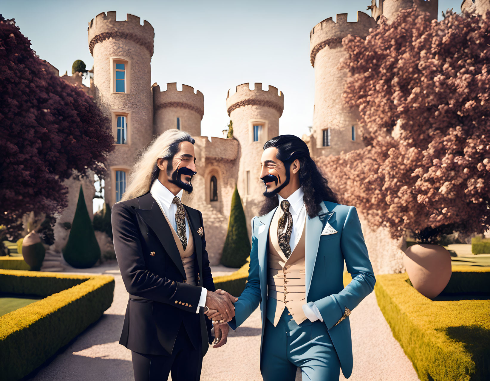 Two men with mustaches in front of a castle garden