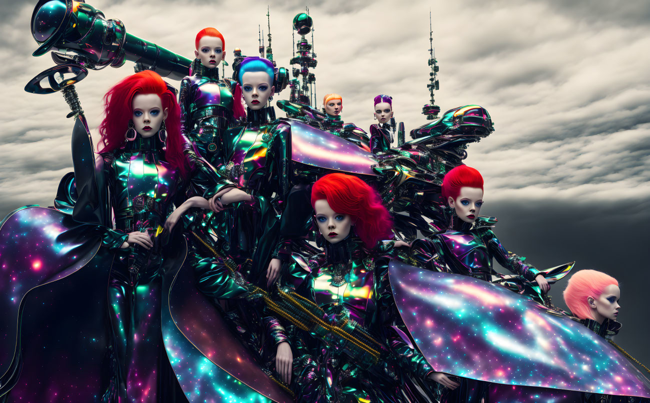 Metallic-clad beings with red hair under dramatic sky