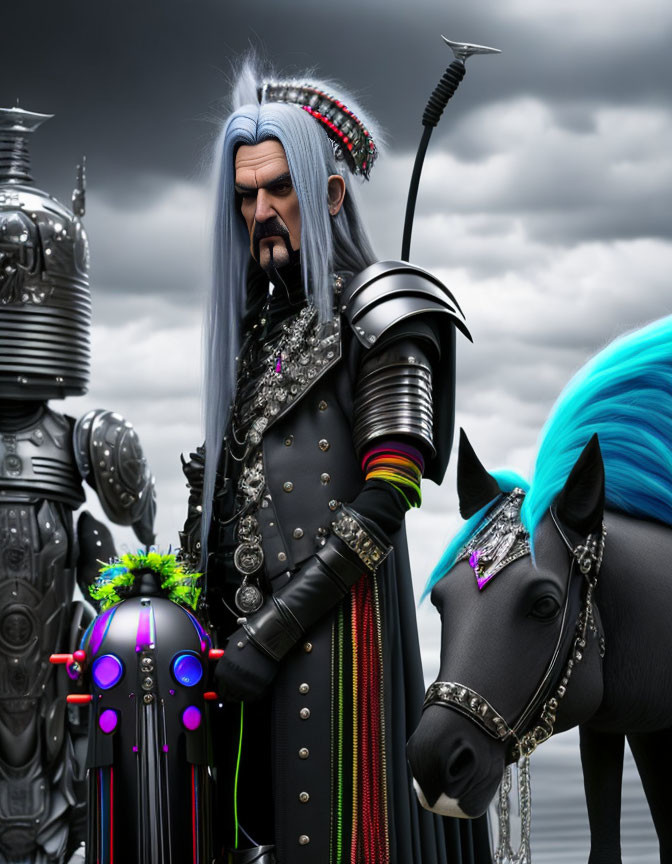 Gray-haired man in futuristic medieval armor with horse and robot under stormy sky