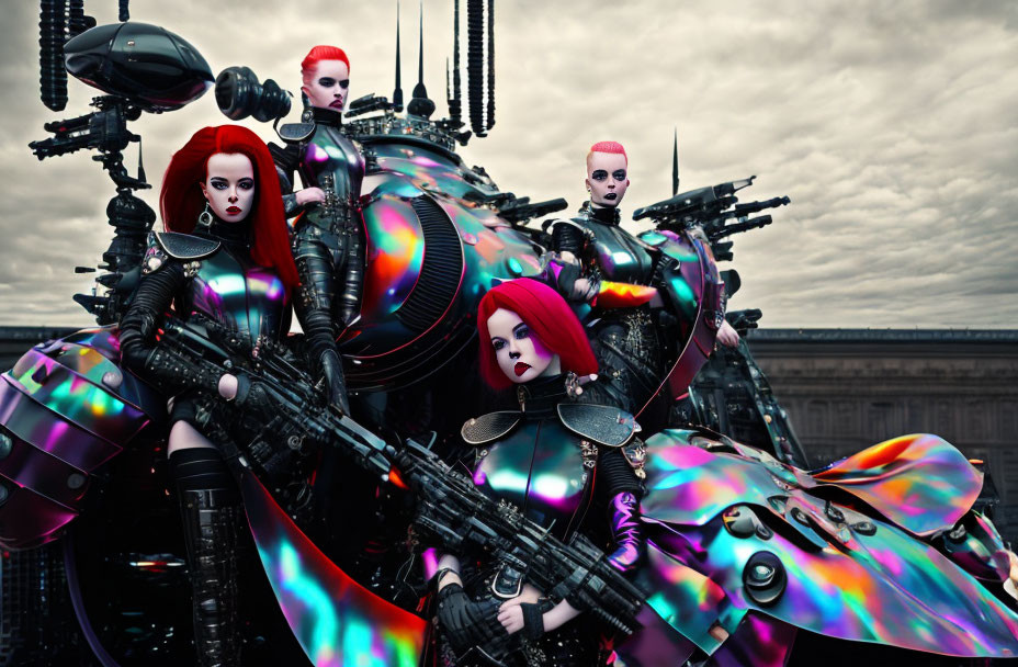 Futuristic female figures with red hair in cyberpunk armor near metallic motorcycle