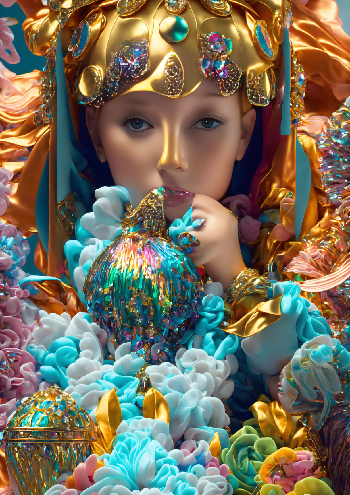 Surreal portrait of figure with pale skin in golden headdress surrounded by vibrant flowers