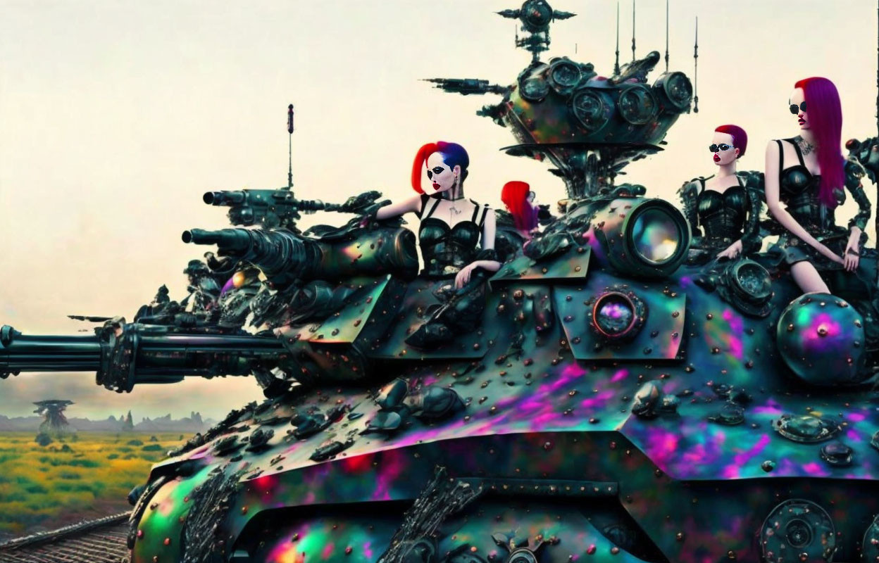 Colorful-haired women on futuristic tank in surreal setting