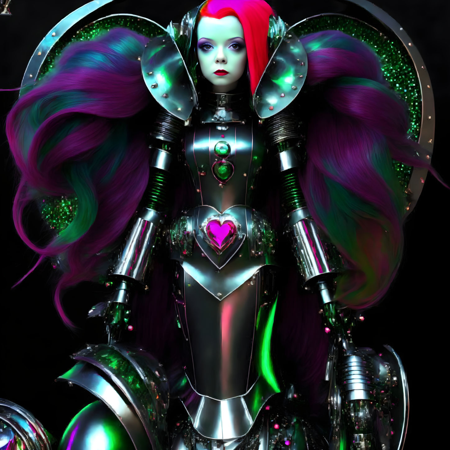 Futuristic Female Robot in Iridescent Armor with Purple Hair and Heart Emblem
