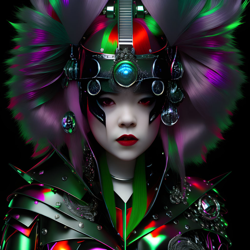 Colorful Armor and Headdress Digital Artwork with Feathers and Metallic Details