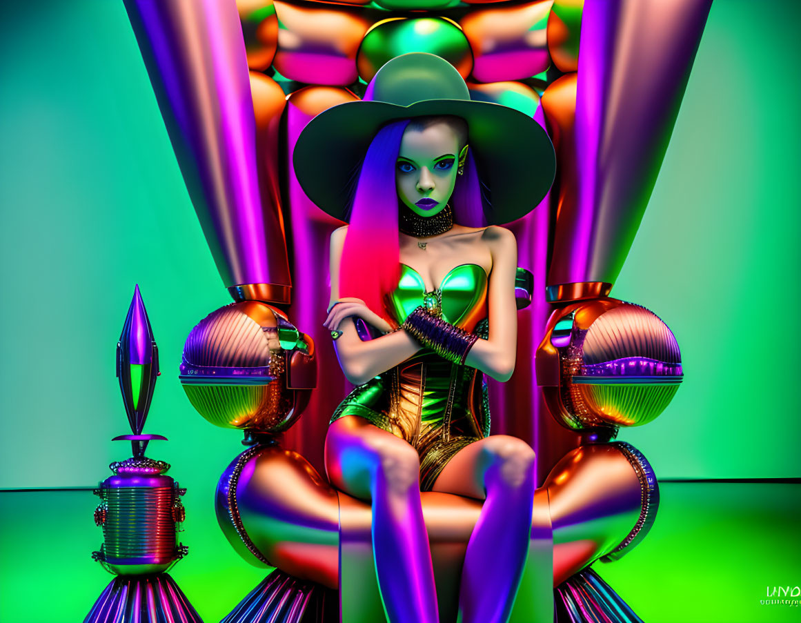 Colorful 3D illustration: stylized female figure with green skin in futuristic setting