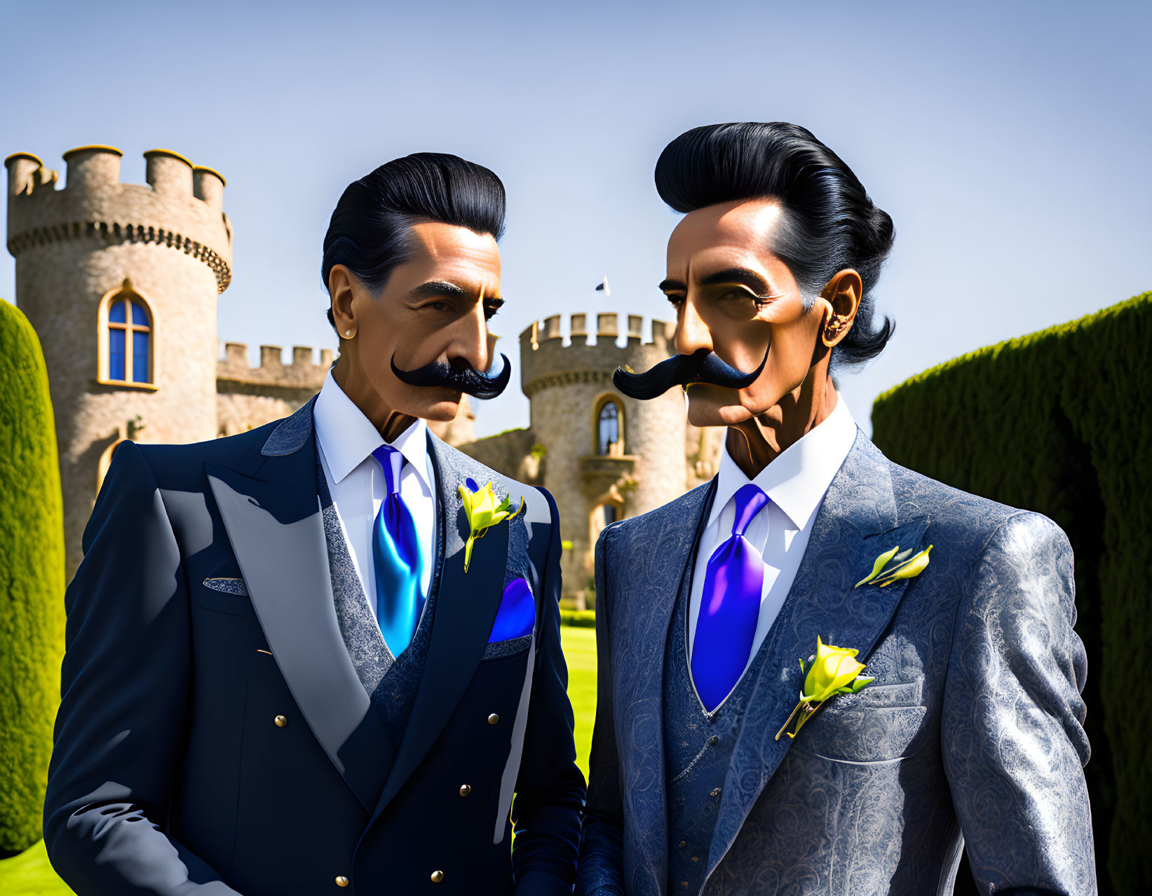 Stylized 3D male characters in elegant suits with exaggerated mustaches