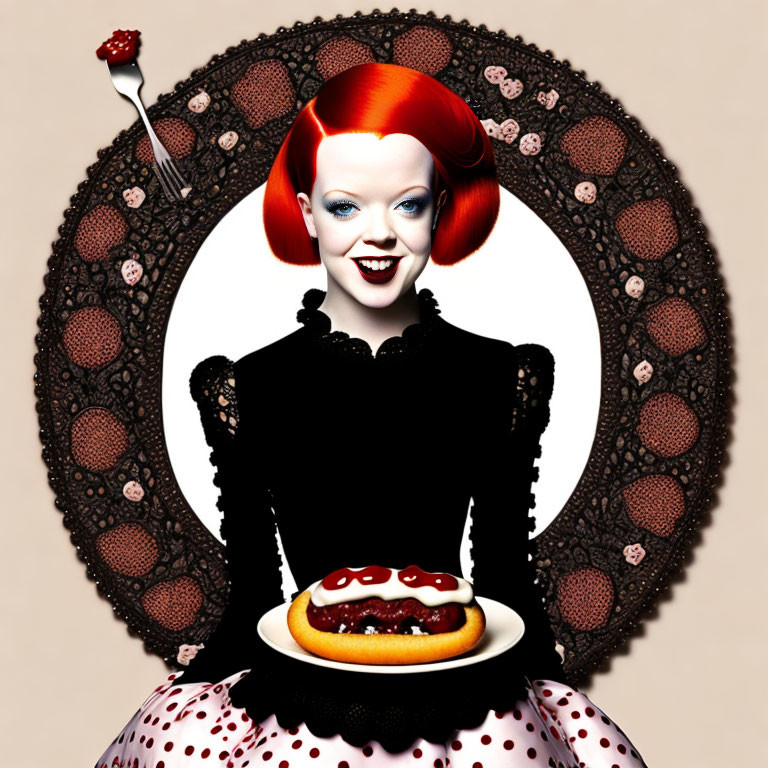 Smiling woman with red hair holding jelly-filled donut in ornate frame