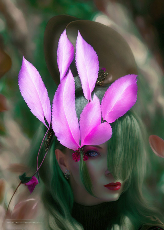 Vibrant green hair, pink feathered hat, dramatic makeup in stylized portrait