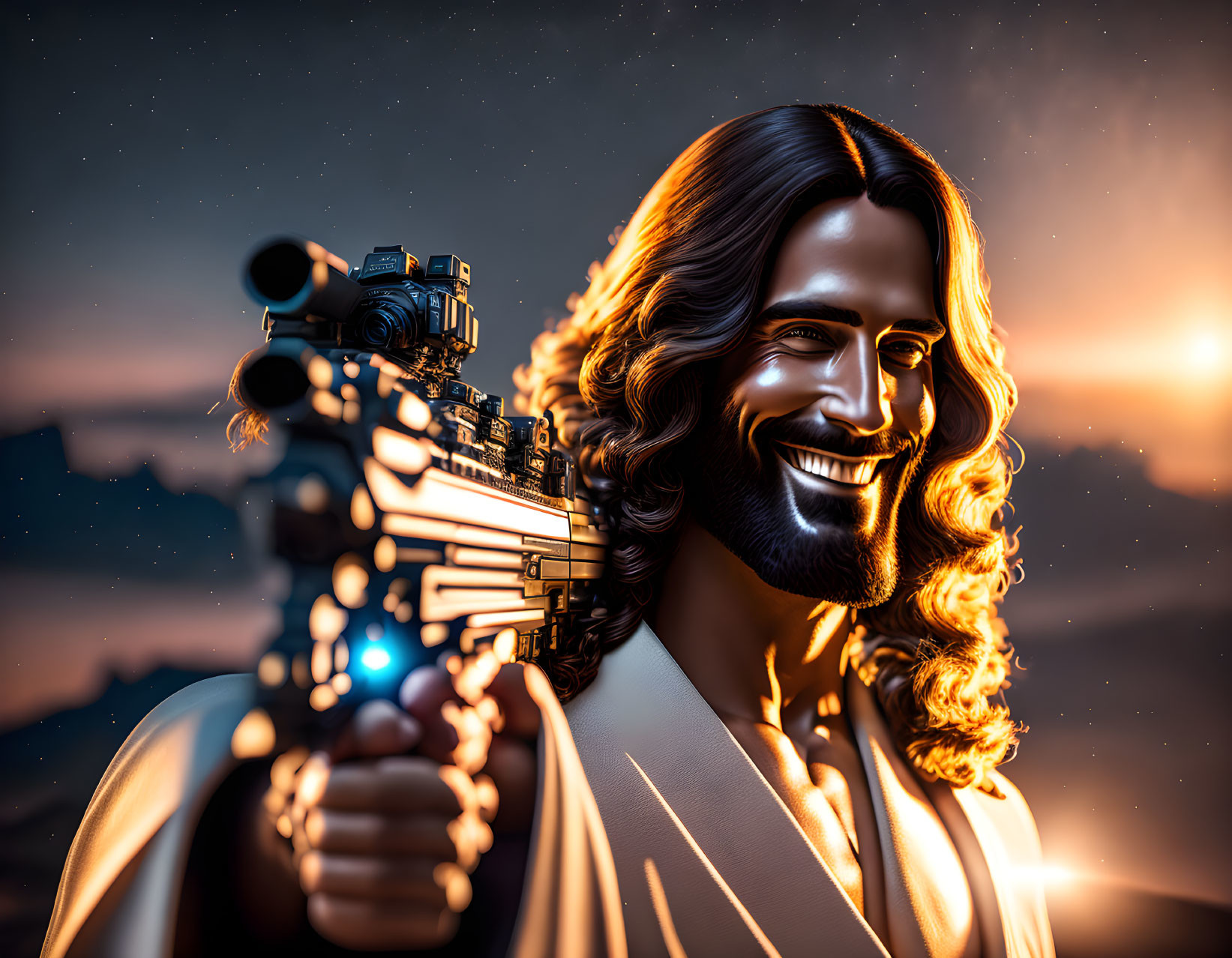 Smiling man with long hair and beard holding futuristic gun in stylized illustration