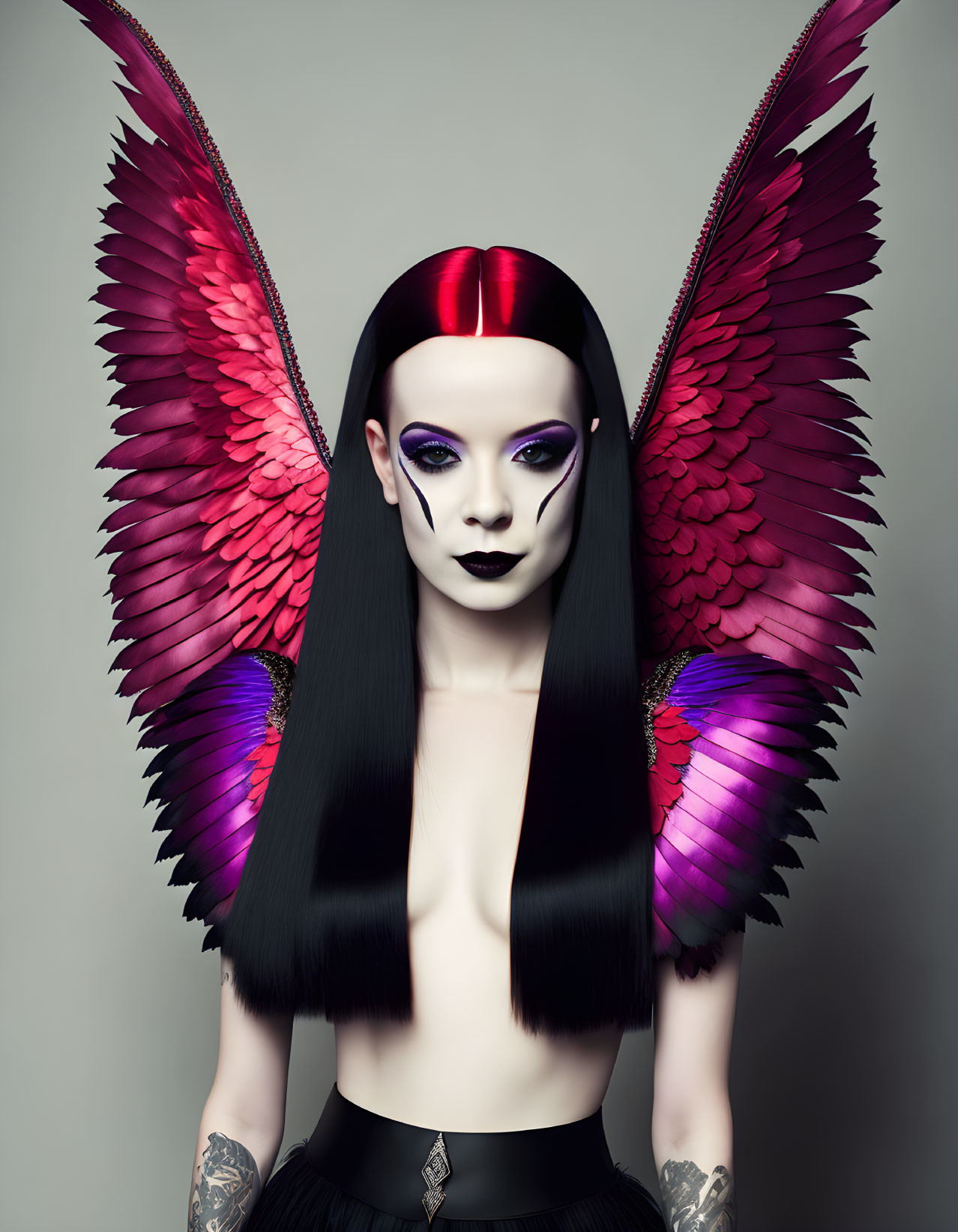 Striking red and black hair, purple makeup, tattoos, pink-hued feathery wings