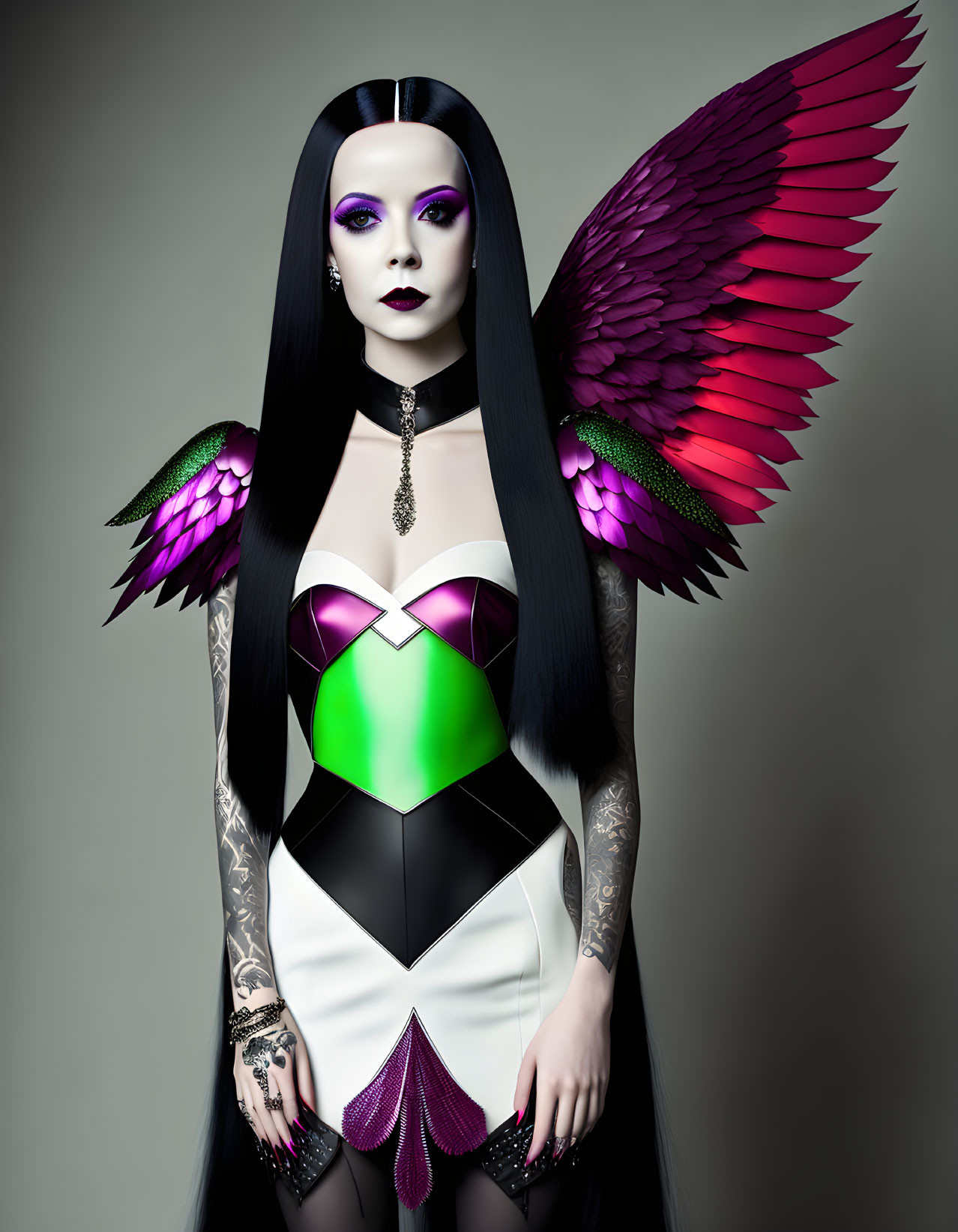 Woman with Long Black Hair and Bird Wings in Geometric Bodysuit