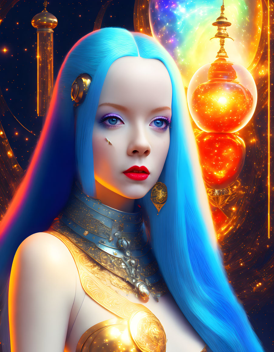 Colorful digital artwork: female figure, blue hair, cosmic background, golden ornaments