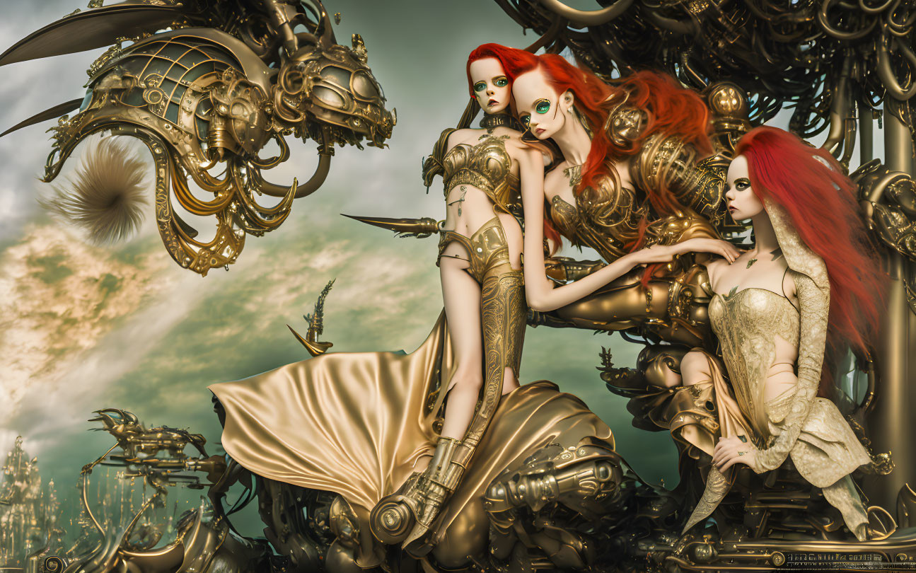 Stylized fantastical female figures in red hair and ornate armor within steampunk machinery scene