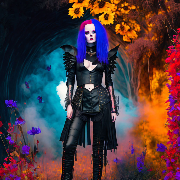 Purple-haired person in gothic attire against forest backdrop with dark portal