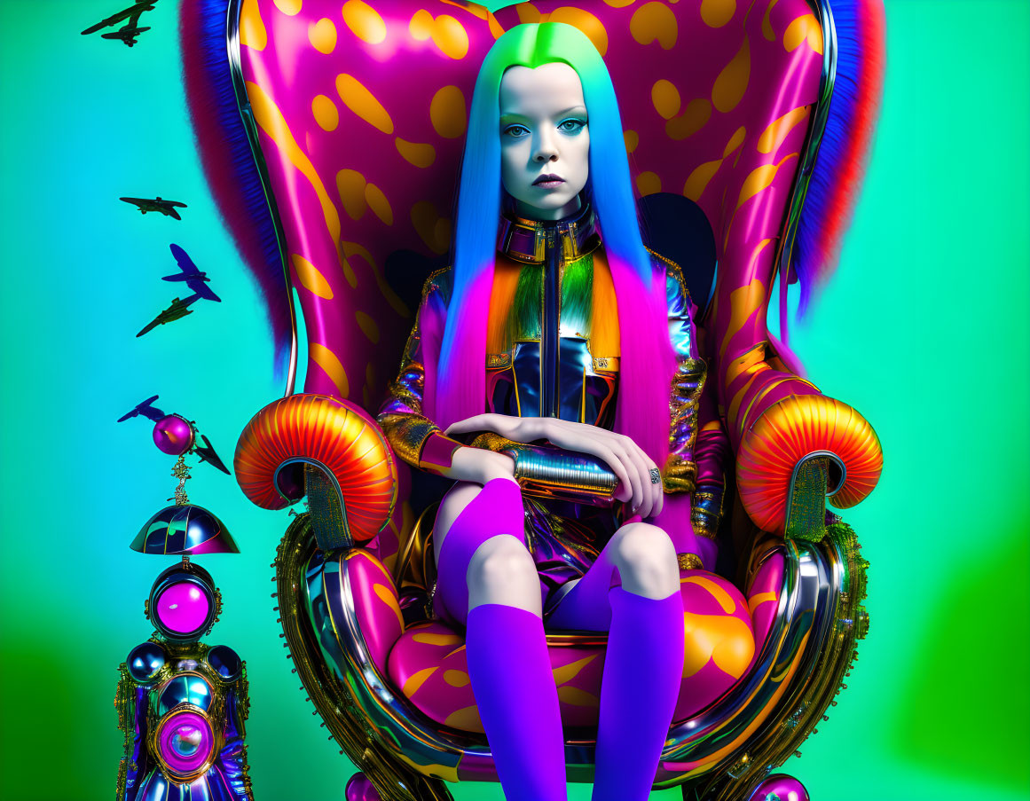 Colorful digital artwork: Woman with multicolored hair on patterned throne