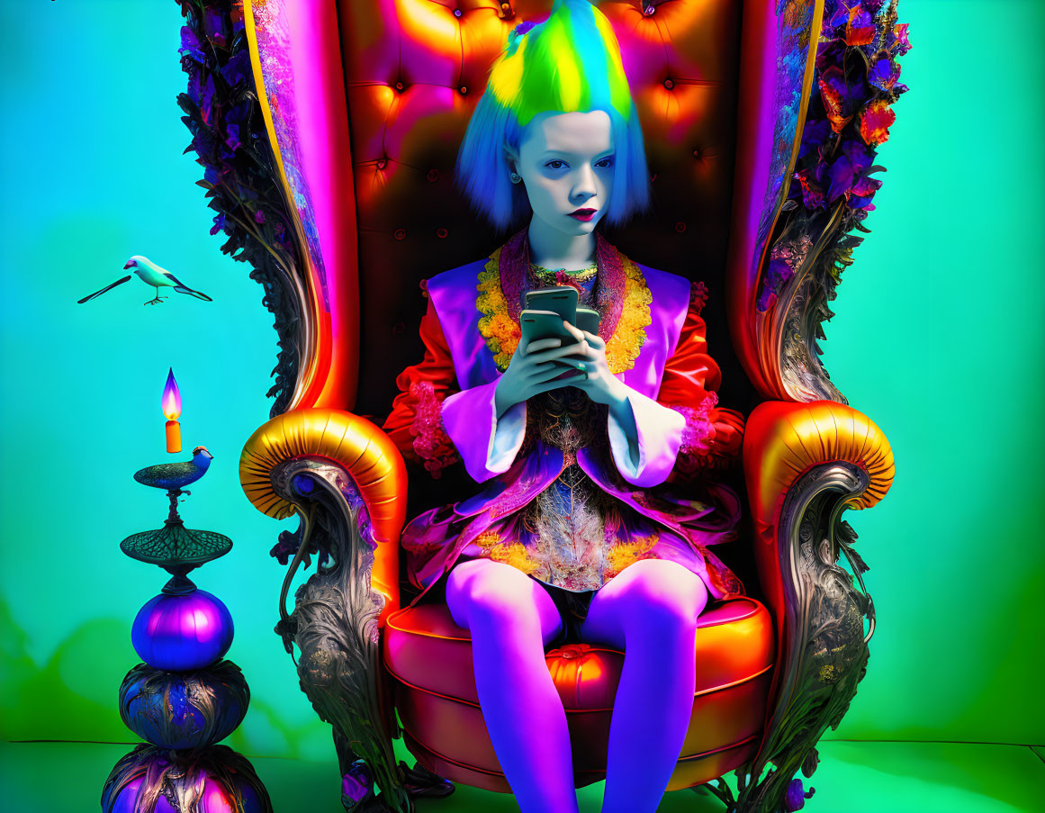 Vibrant rainbow-haired person on ornate throne in surreal scene