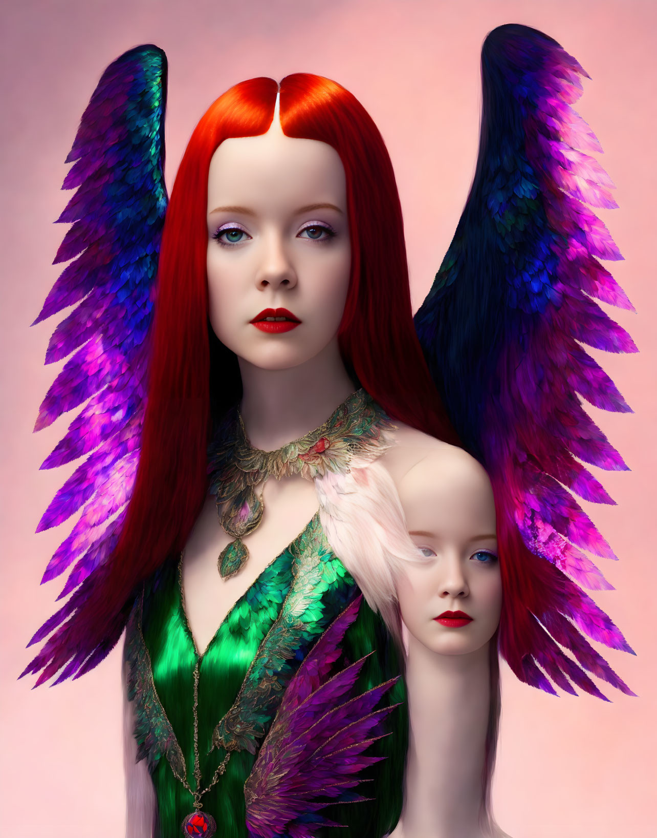 Red-haired woman with purple and blue wings and mannequin figure on pink background