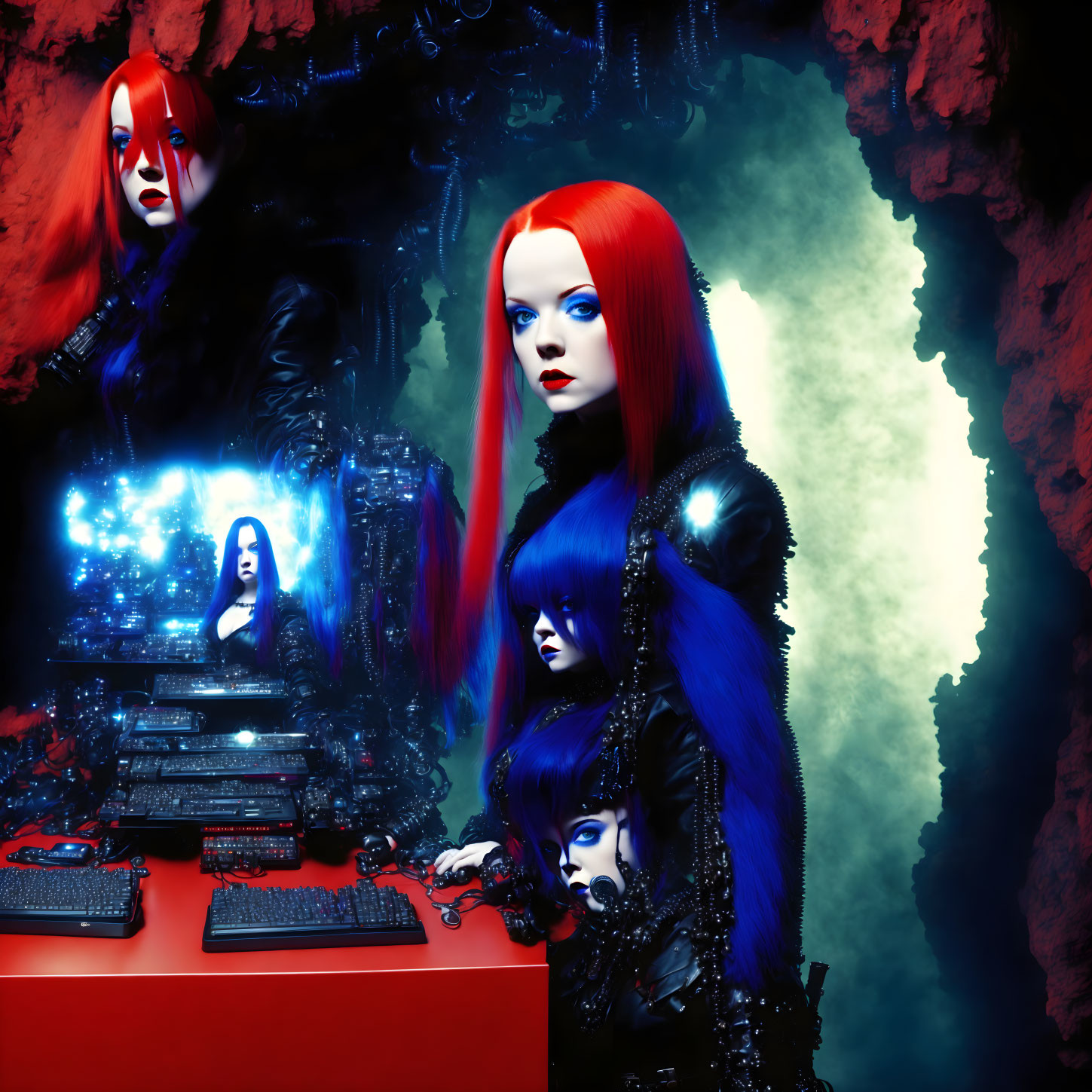 Four futuristic women with vibrant hair in a red and blue lit control room.