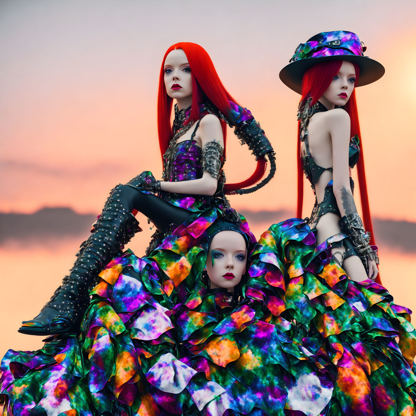 Three red-haired female figures in avant-garde fashion against a sunset sky