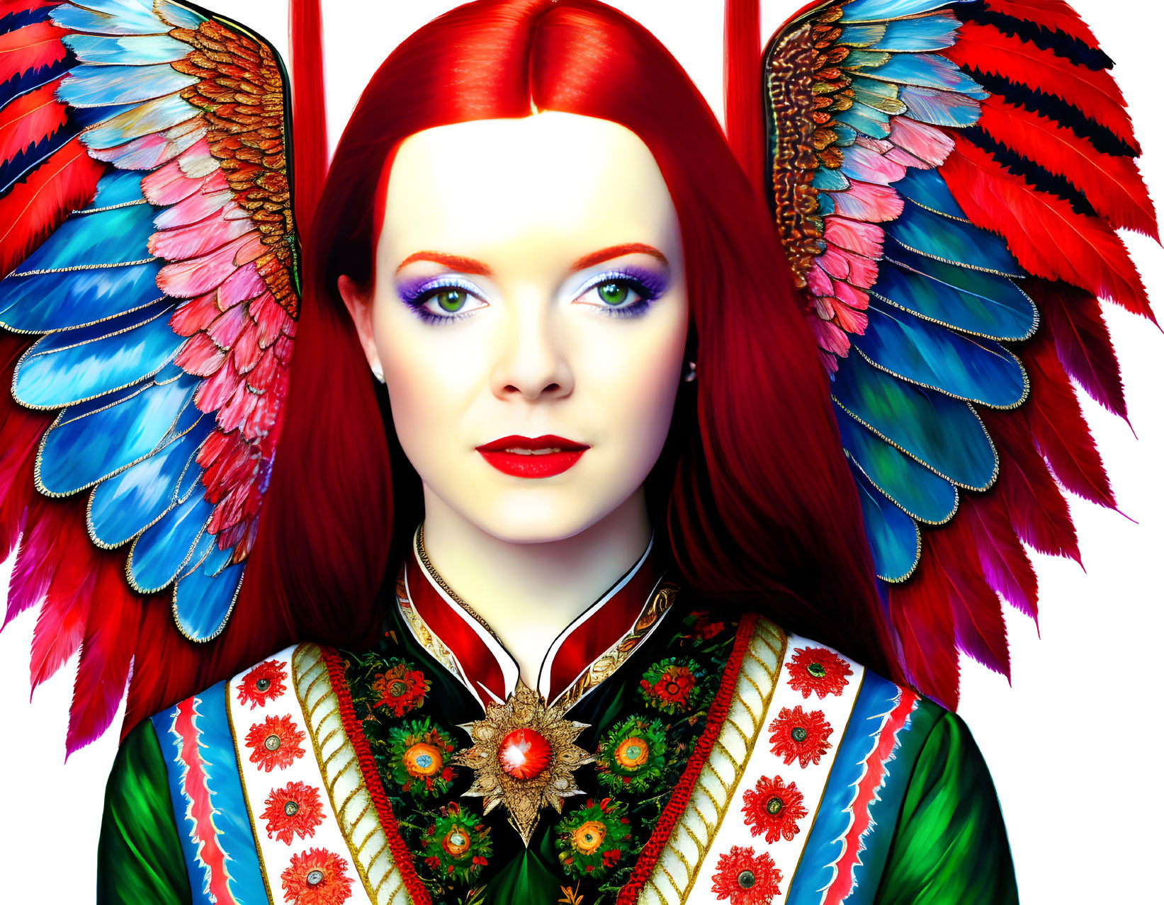 Colorful portrait of woman with red hair, vibrant wings, and intricate dress