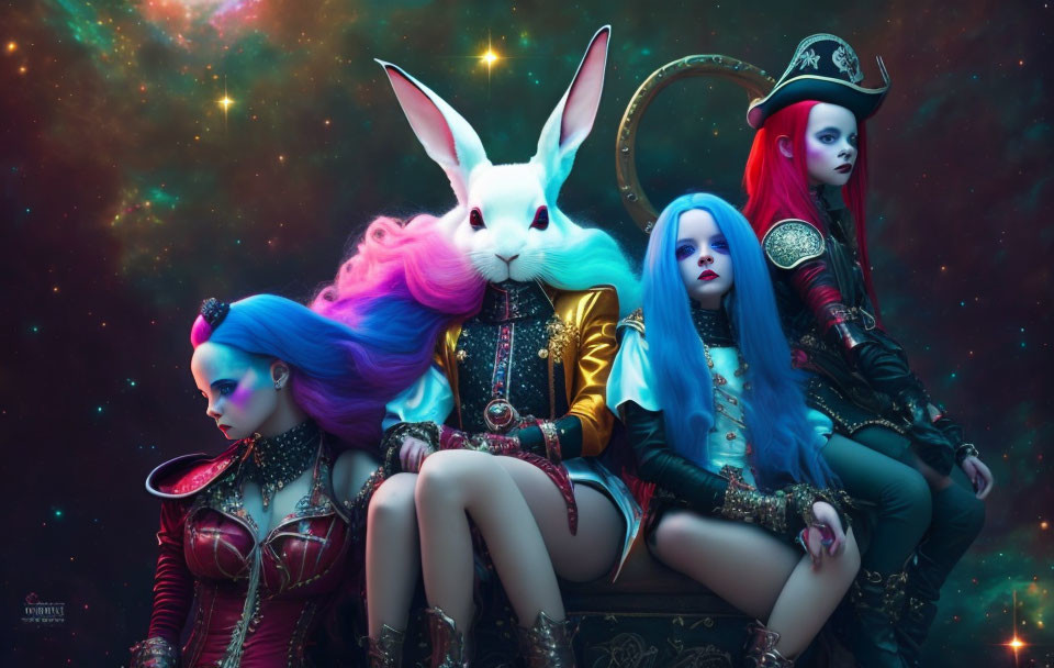 Three Women in Vibrant Body Paint and Costumes with Oversized Rabbit Head in Cosmic Setting
