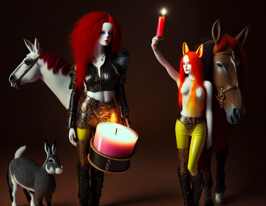 Stylized dolls with animal companions in dramatic lighting