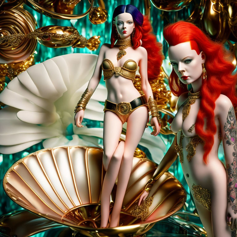 Colorful Hair Mermaid Mannequins with Golden Shell and Jewelry on Turquoise Background