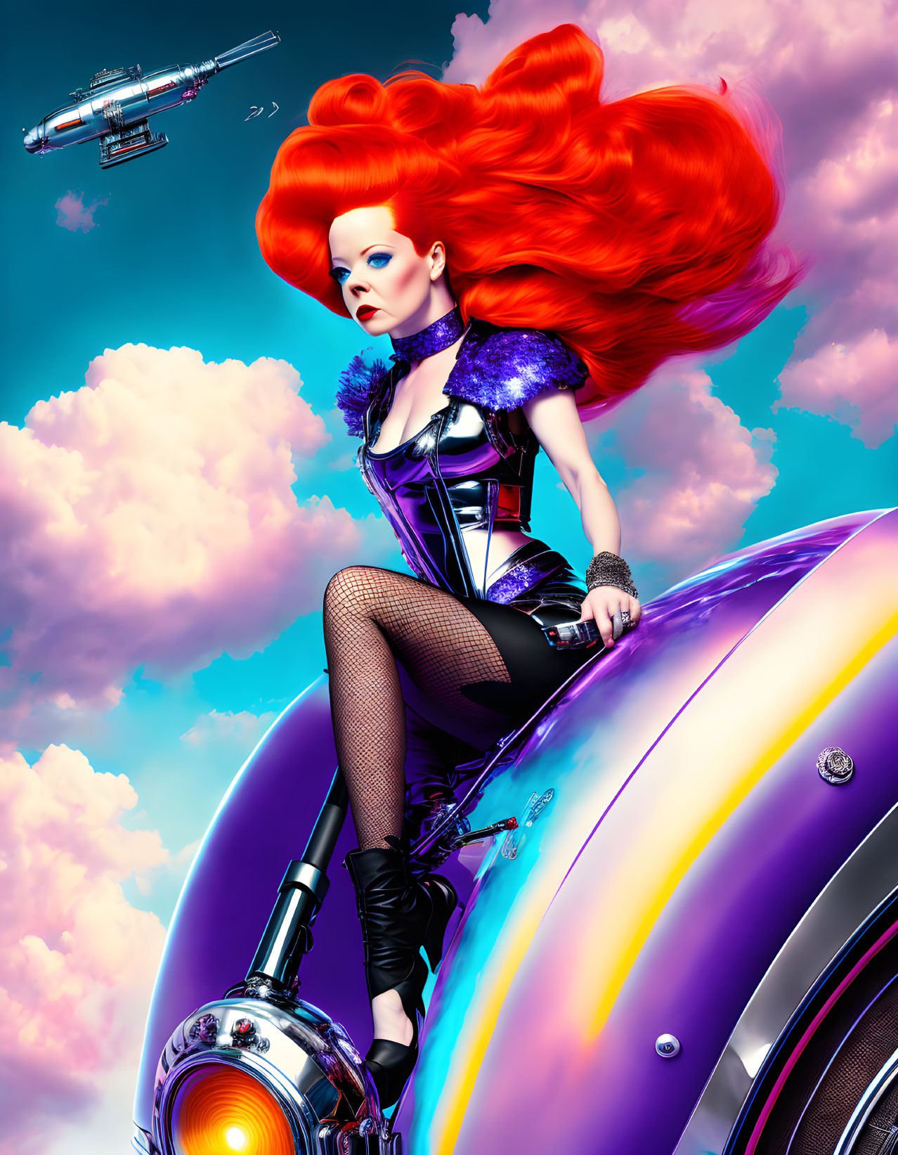 Vibrant red-haired woman on futuristic motorcycle with spaceship in sky
