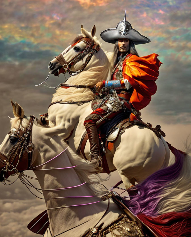 Elaborate historical attire person riding white horse under dramatic cloudy sky